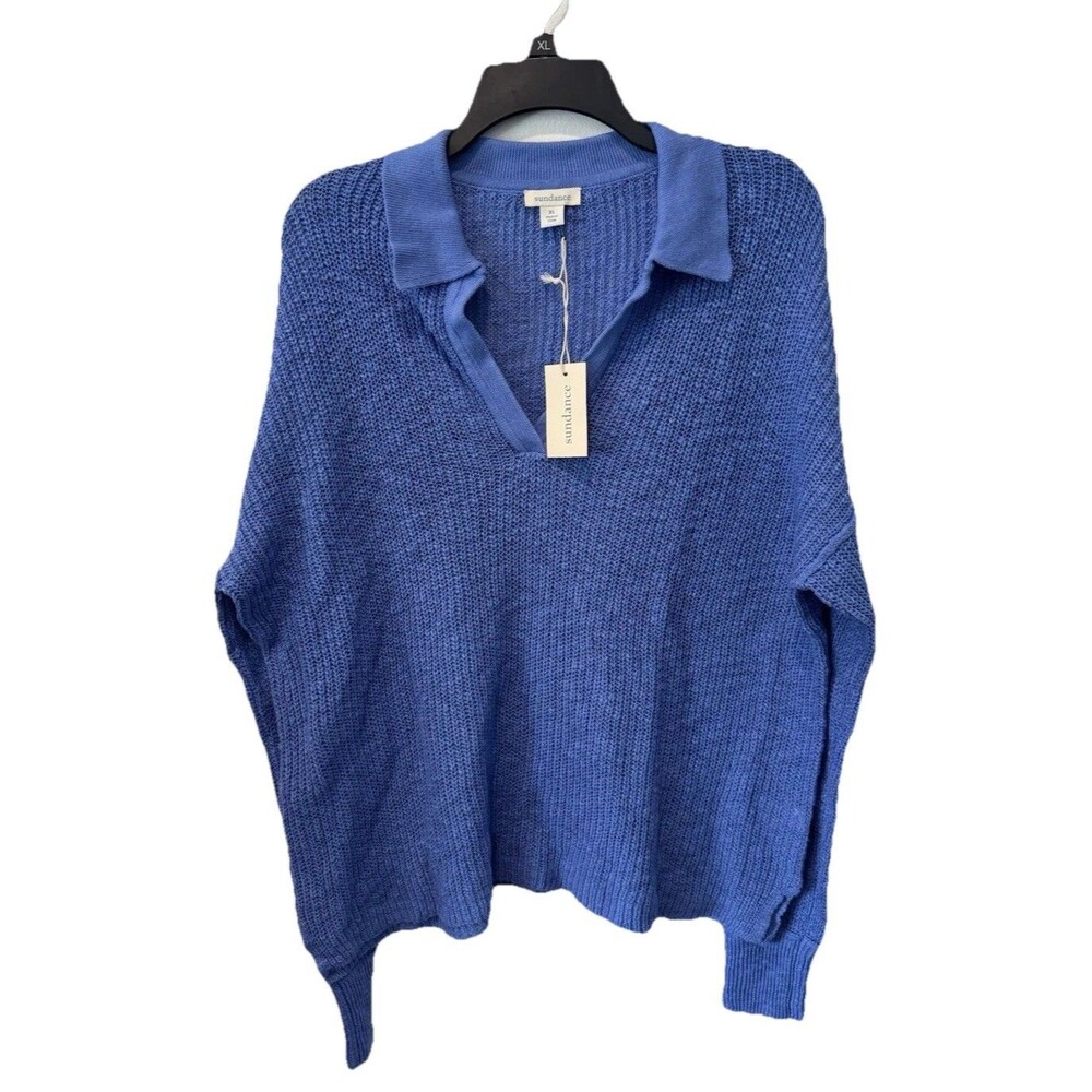 SUNDANCE Open Knit Sweater XL Blue 100% Cotton Pullover V-Neck Lagenlook NEW - Picture 2 of 7